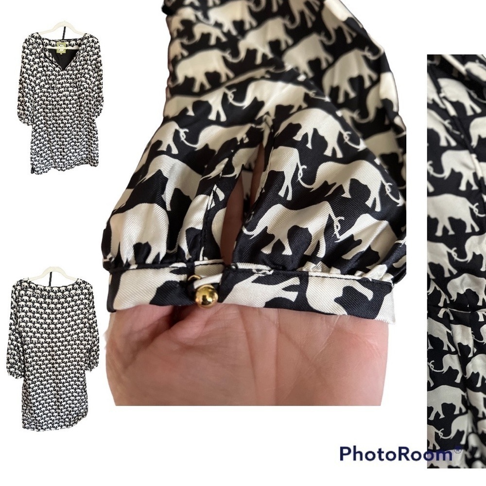 Elizabeth McKay SILK MARILOU DRESS black with white elephants size 8 tunic EUC - Picture 10 of 11